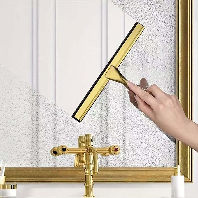 14-Inch Shower Squeegee, Stainless Steel Squeegee for Shower or Window Glass Door, Includes Two Spare Scrapers and one Adhesive Hook. (Gold, 14 in)