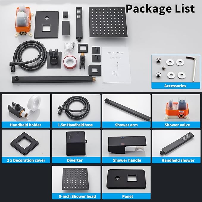 8 Inch Matte Black Shower Faucet Set with Rain Shower Head and Handheld Spray, Wall Mounted Rainfall Shower Head with Handheld Combo, Bathroom luxury Shower System with Valve and Trim