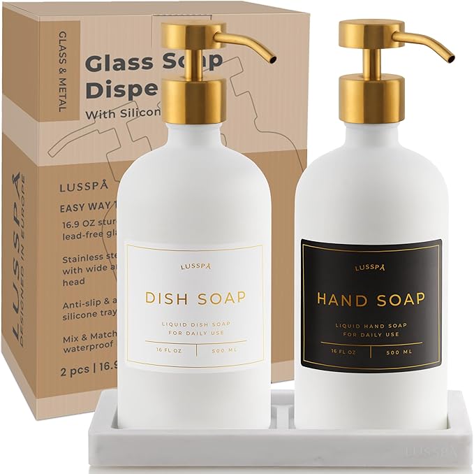 Lotion, Hand & Dish Soap Dispenser for Kitchen Sink - Bathroom Soap Dispenser Set of 2 16.8 Oz Glass Bottles with Stainless Steel Pump, 15 Water Proof Labels & Silicon Tray (White/Gold)