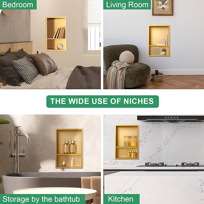 SaniteModar Shower Niche, Stainless Steel Niche for Shower Wall,18" x 12" No Tile Needed,Recessed for Bathroom Storage (Brushed Gold, 18" x 12" Double)
