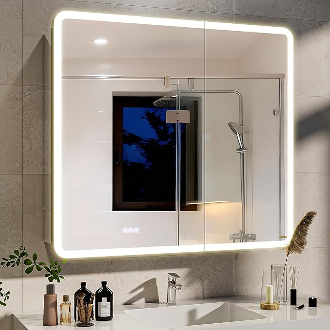 BEAUTYPEAK 36 x 32 LED Bathroom Medicine Cabinet Mirror, Adjustable Shelves, Silver Aluminum Cabinet, Anti-Fog Stepless Dimmable 3 Colors White/Natural/Warm, Easy to Install(Wall Mount/Recessed)