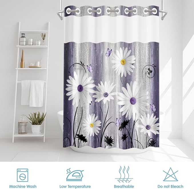 No Hook Flower Daisy Shower Curtain with Snap in Fabric Liner Set, Purple Wooden Boards Double Layers Waterproof Fabric with See Through Top Window Open Grommet Bath Curtain 54x80 Inch