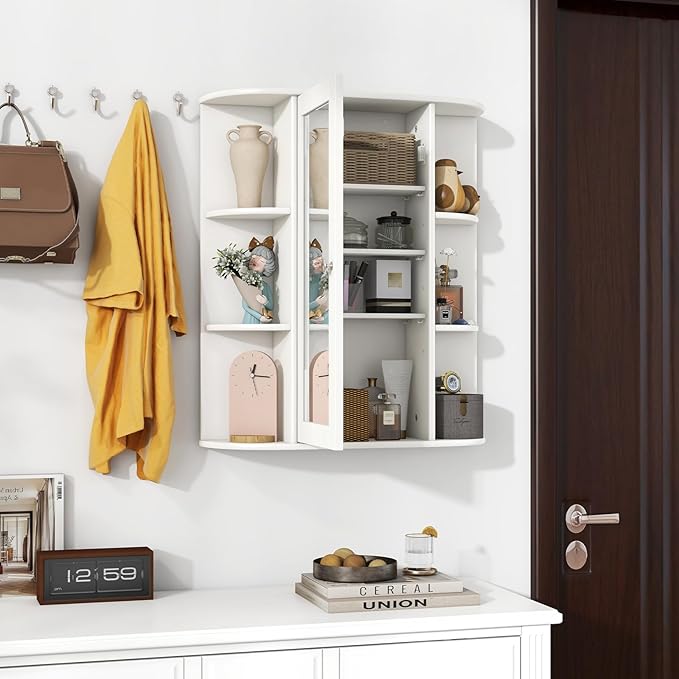Tangkula Bathroom Medicine Cabinet, Wall Mounted Storage Cabinet with Mirror Door, Removable & 3 Adjustable Shelves, Wooden Hanging Wall Mirror Cabinet for Bathroom Living Room Laundry (White)