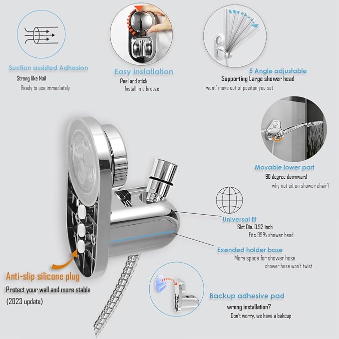 Handheld Shower Head Holder - 5 Positions Adjustable + 90° downwards - Adhesive Wall Mount - Fits Large showerhead - Wider Slot For Universal Fits - Polished Chrome