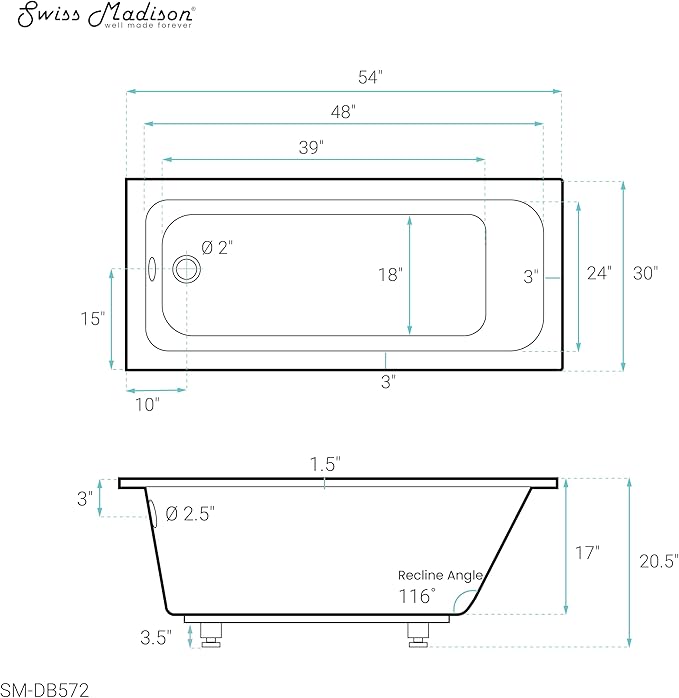 Swiss Madison Voltaire 54" x 30" Reversible Drain Drop-In Bathtub