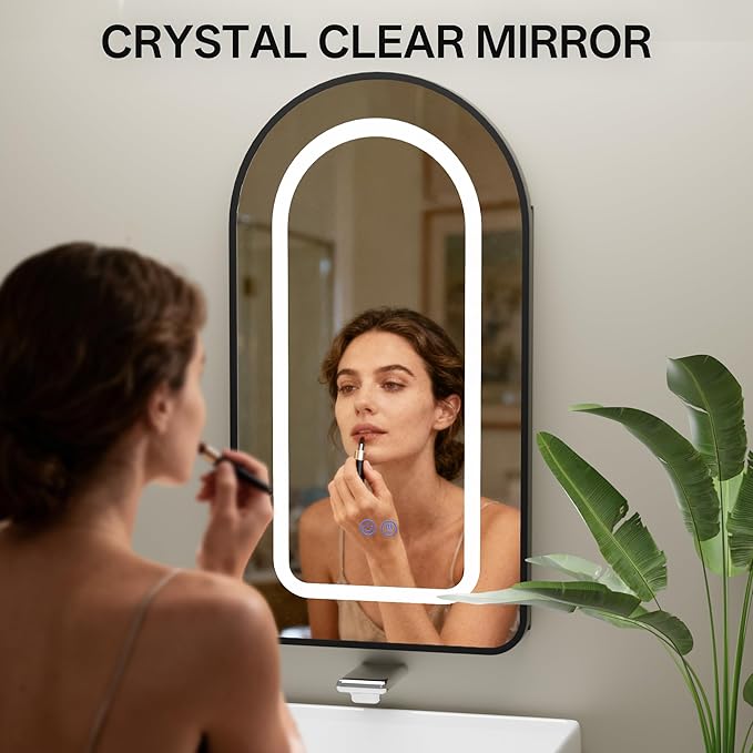 LED Arched Bathroom Medicine Cabinet with Mirror, No Assembly Needed, Recessed or Surface Mount Wall Storage Cabinet, Mirror Cabinet with Tissue Slot (Black-LED, 29.5" L x 15.7" W)