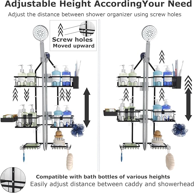 Shower Caddy Hanging Upgraded Adjustable Rustproof Shower Caddy Shower Organizer for Over Handheld or Fixed Shower Heads with Hooks Soap Holder Toothbrush Holder