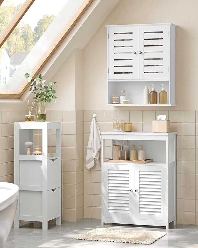 VASAGLE Bathroom Wall Cabinet, Medicine Cabinet, Wall-Mounted Bathroom Storage Cabinet, with Adjustable Shelf, Double Slat Doors and Open Shelf, 7.9 x 23.6 x 27.6 Inches, White UBBK028W01