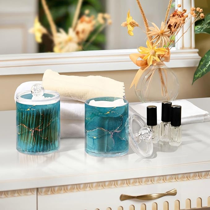 MNSRUU 4 Pack Qtip Holder Organizer Dispenser Blue Marble Abstract Fluid Art Bathroom Containers Bathroom Vanity Storage Canister Apothecary Jars for Cotton Swabs/Pads/Floss
