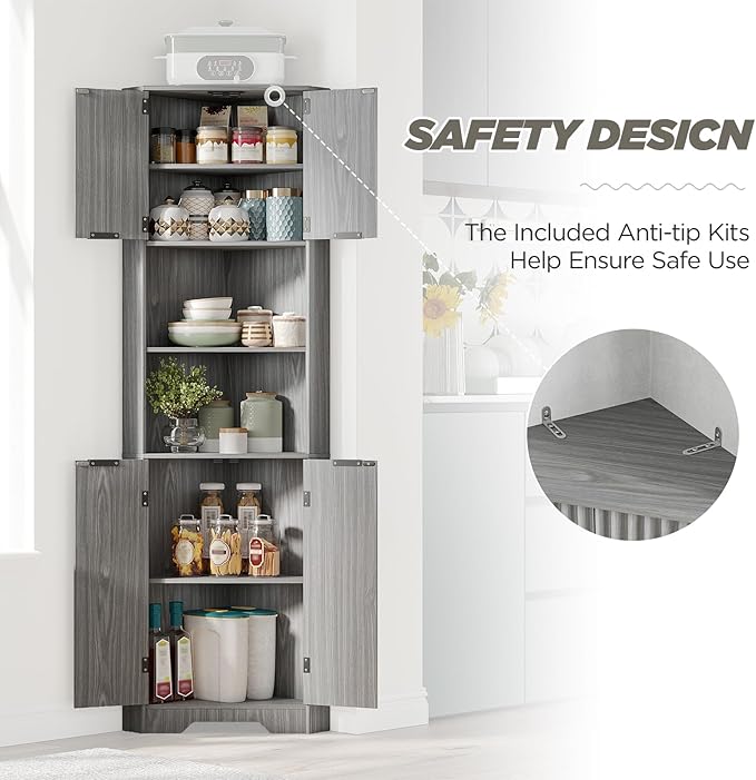 Fameill Tall Corner Cabinet with 2 Doors and 2 Open Storage Shelves, 68” Corner Storage Cabinet with Fluted Door Design, Home Space Saver for Living Room, Bathroom, Kitchen, Laundry, Grey