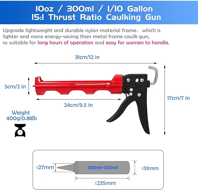Drip-free Caulking Gun Ratchet Rod Caulk Gun Applicator 15:1 Thrust Ratio Labor-saving Lightweight Nylon Frame Cartridge Gun Fits 10oz/310ml Standard Caulk Tubes with Silicone Finishing Tools