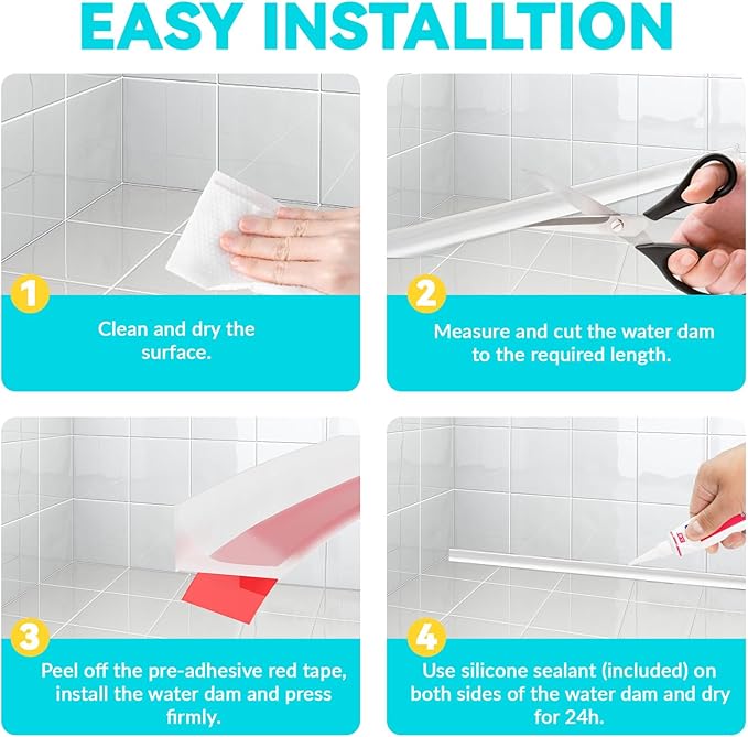 Shower Threshold Water Dam Barrier 98", Silicone Sealant Included, Collapsible Self-Adhesive Water Blocker, Shower Door Water Stopper for Floor Bathroom Kitchen Bathtub Sink