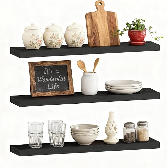 ROGMARS Black Floating Shelves for Wall,36 inch Rustic Wooden Floating Wall Mounted Book Shelves with Invisible Brackets for Living Room, Bedroom, Kitchen, Bathroom,Set of 3