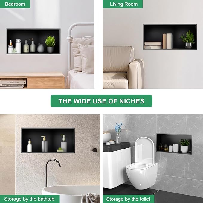 SaniteModar Shower Niche, Stainless Steel Shower Niche 12" X 24" No Tile Needed, Recessed for Bathroom Storage, Matte Black (Matte Black, 12x24)