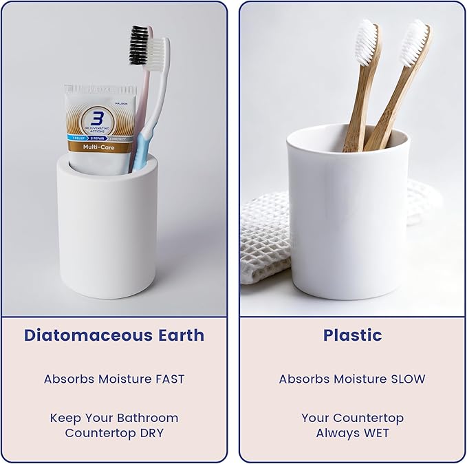 Drying Stone Toothbrush Holder, Diatomite Toothbrush Cup for Bathroom Counter, Quick Drying Electric Toothbrush and Toothpaste Holder Bathroom Organizer, White