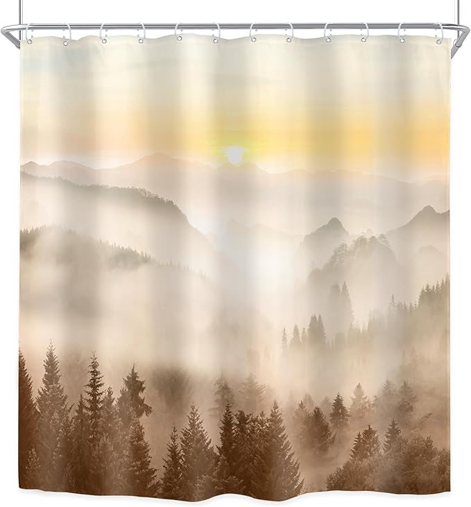 Riyidecor Misty Mountain Shower Curtain 72Wx72H Inch Brown Sunrise Nature Scenery Foggy Pine Tree Woodland Modern Natural Landscape Men Cool Bathroom Decor Fabric Polyester Waterproof 12 Pack Hooks