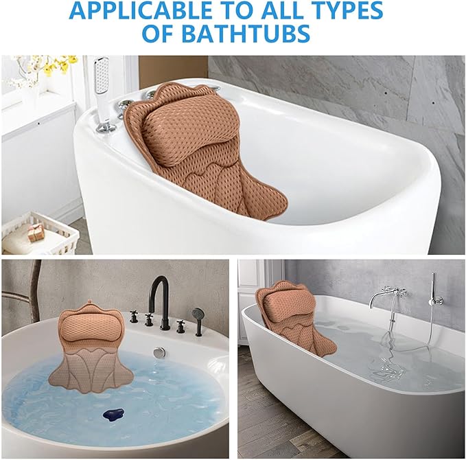 REEZEIVI Bath Pillows for Tub,Bath Pillow with 6 Non-Slip Suction Cups,Soft 4D Mesh Fabric,Bathtub Pillows for Tub Neck and Back Support,Extra Thick Luxury Bathtub Pillows,Brown