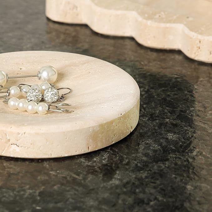 Koville Small Travertine Jewelry Dish, 4" Round Trinket Dish for Ring Necklace Earring, Beige Travertine Soap Dish for Bathroom Kitchen, Natural Stone Decorative Dish, Aesthetic Home Table Decor
