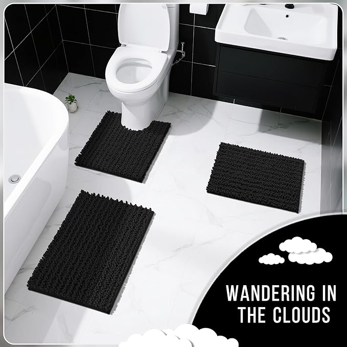 Yimobra Bathroom Rugs Sets 2 Piece - Quick Dry Extra Thick Luxury Chenille Bath Mat, Non Slip Super Absorbent for Tub Shower Sink, Machine Washable Shaggy Floor Mat, 44"x24"+24"x17" Inch, Black
