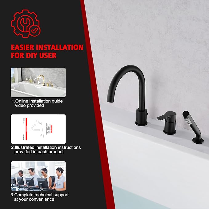 SUMERAIN Matte Black Roman Tub Faucet 3 Holes Deck Mount Bathtub Faucet with Handheld Shower Sprayer