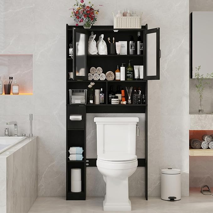 Vabches Over The Toilet Storage Cabinet, Farmhouse Storage Cabinet Over Toilet with Acrylic Doors,Home Space-Saving Toilet Rack, for Bathroom, Restroom, Laundry, Black