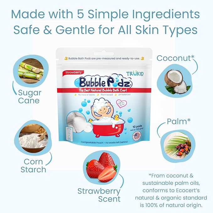TruKid Strawberry Bubble Podz & BubbleGlove Set – Bubble Bath Pods with 2 Wash Gloves for Kids and Toddlers
