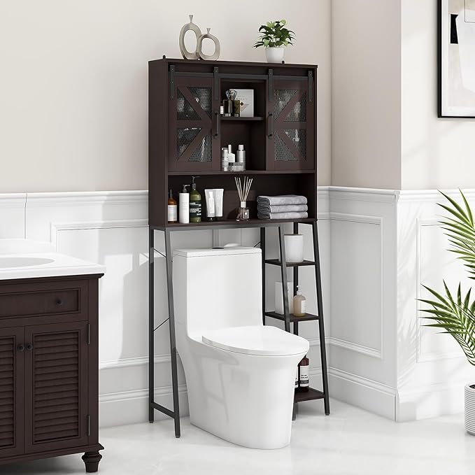 Over The Toilet Storage Cabinet, Farmhouse Storage Cabinet Over Toilet with Sliding Barn Door,Home Space-Saving Toilet Rack, for Bathroom, Restroom, Laundry(Espresso)