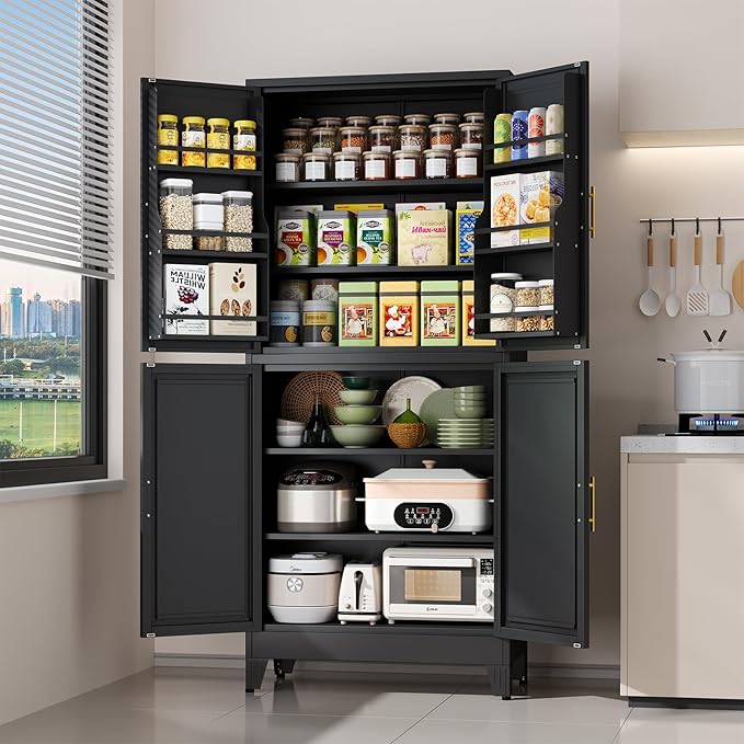 75" Tall Metal Kitchen Pantry Storage Cabinet, Freestanding Cupboard Storage Cabinet with 4 Doors and 4 Adjustable Shelves, Large Stand Up Food Cupboard for Dinning Room, Bathroom(Black)