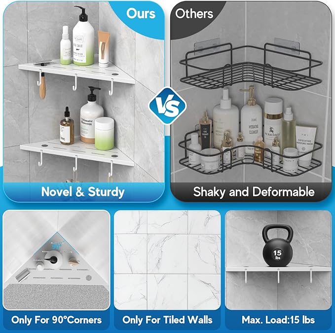 Corner Shower Shelves, 10" White 304 Stainless Steel Recessed Shelf for Bathroom,Grout in Shelf with Hooks for Tiled Wall 2 Pack (White)