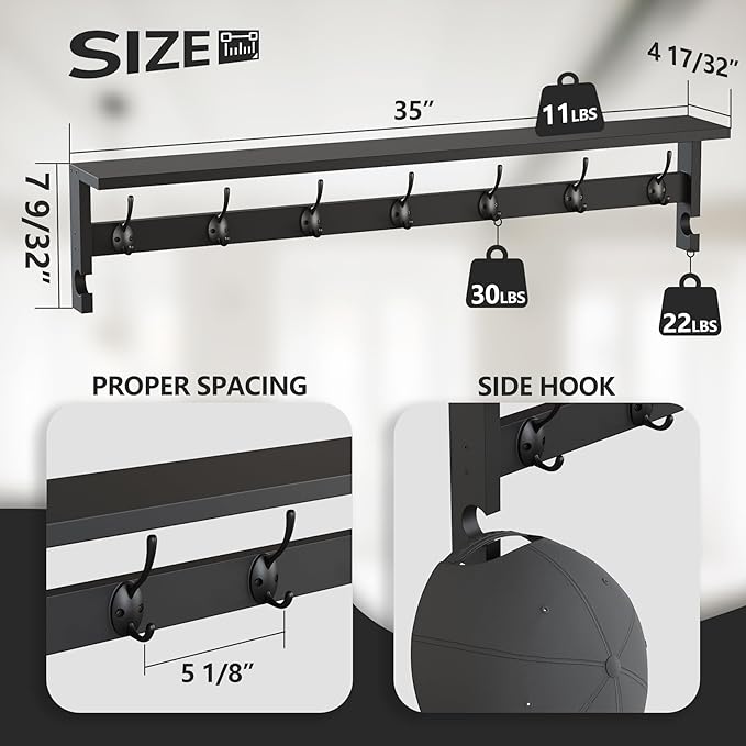 AMBIRD Coat Rack Wall Mount, Wood Coat Hooks with Shelf, Wall Key Holder with Shelf in Entryway, Kitchen, Living Room, Bathroom, Bedroom (Black)