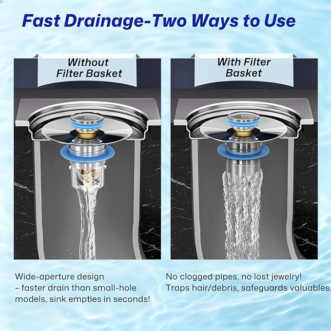 Upgraded Bathroom Sink Drain Strainer, Universal Stainless Steel Sink Stopper with Filter Basket Hair Catcher, Sink Plug for 1.05-2.0" Basin, Brass Bullet Core, Chrome