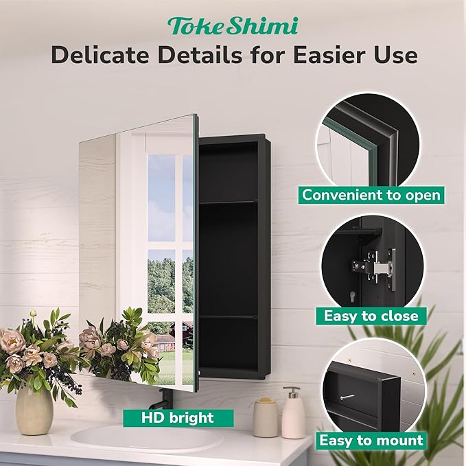 TokeShimi 20 x 32 Recessed Medicine Cabinet Mirror Surface Mount Aluminum, Tempered Frameless Bathroom Mirror with Storage Adjustable, Black Bathroom Wall Cabinet for Vanity Modern