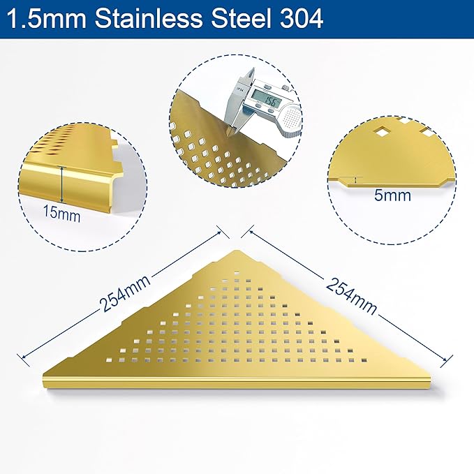 Neodrain 10 Inch Golden Bathroom Corner Shelf Set of 2, Floating Corner Shelves for Wall, 304 Stainless Steel Wall Storage Shelves for Bathroom,No Drilling