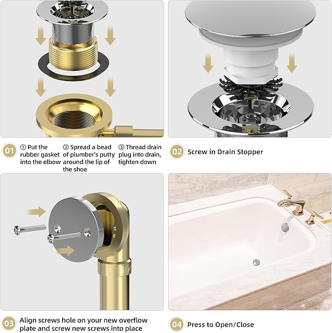 Chrome Plated Tub Drain Kit with Hair Catcher, Premium Brass Mushroom Tip-Toe Bathroom Tub Drain Replacement and 2-Hole Overflow Faceplate, 11.5/16 UNC Bathtub Drain Stopper Assembly