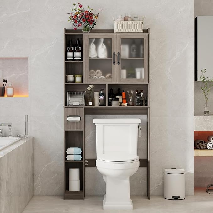Vabches Over The Toilet Storage Cabinet, Farmhouse Storage Cabinet Over Toilet with Acrylic Doors,Home Space-Saving Toilet Rack, for Bathroom, Restroom, Laundry(Grey