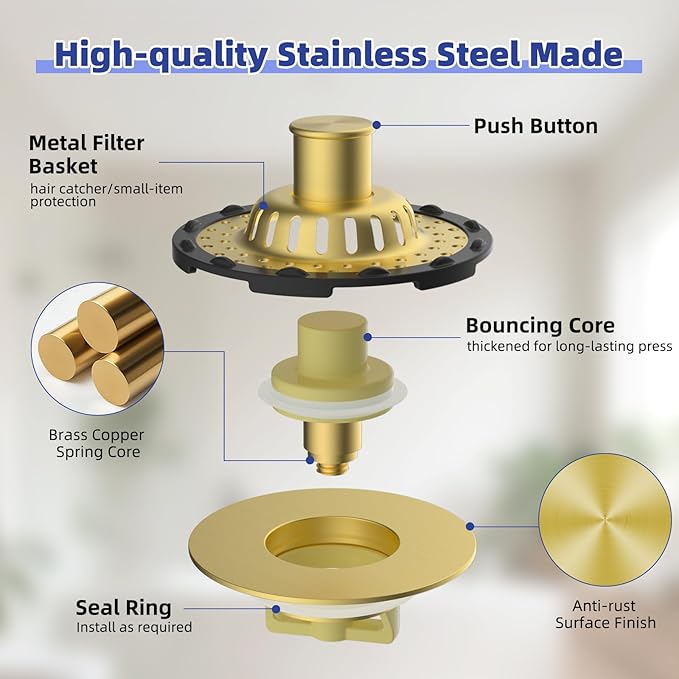 Universal Bathtub Drain Stopper Shower Drain Hair Catcher, Tub Stopper with Visible Top Strainer, Upgraded 3 in 1 Pop-up Drain Plug Fit for 1.5 to 2.4" Hole, Stainless Filter Basket, Brushed Gold