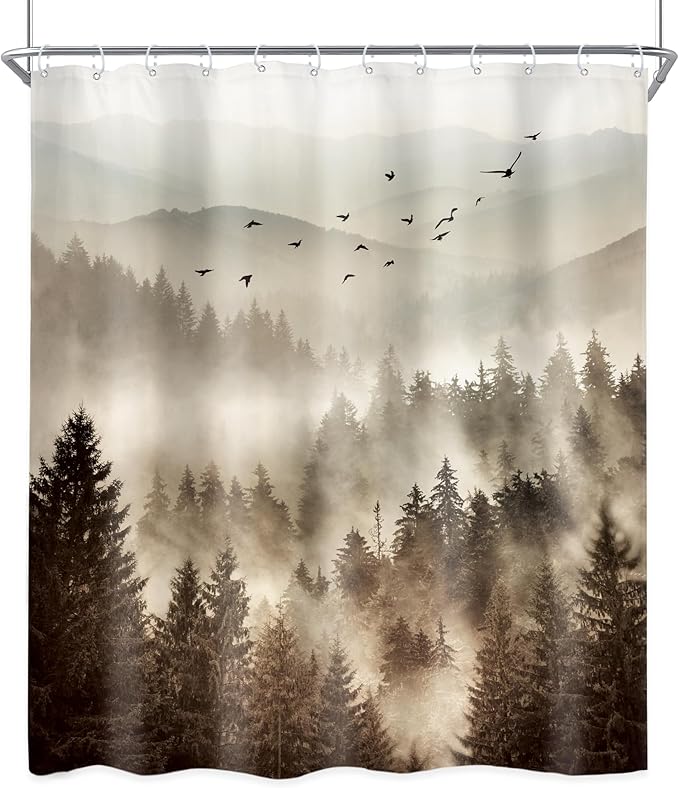 Riyidecor Foggy Mountain Shower Curtain 60Wx72H Inch Nature Rustic Woodland Scenery Tree Alpine Landscape Natural Abstract Modern Scene Bathroom Decor Fabric Polyester Waterproof 12 Pack Hooks