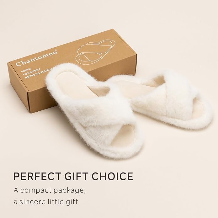 Chantomoo Womens Slippers Memory Foam Fuzzy Cross Band Faux Fur Slippers for Women Gift