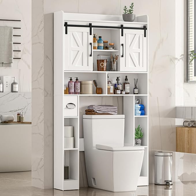 Farmhouse Storage Cabinet Over Toilet with Sliding Doors,Over The Toilet Storage Cabinet, Home Space-Saving Toilet Rack, for Bathroom, Restroom, Laundry.