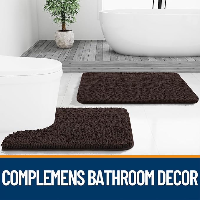 OLANLY Bathroom Rugs Sets 2 Piece, Soft Absorbent Chenille Bath Mats and U-Shaped Contour Toilet Mat Area Rug Set, Machine Washable Bath Carpet, Home Decor Accessories(24"x16"+24"x20", Brown)