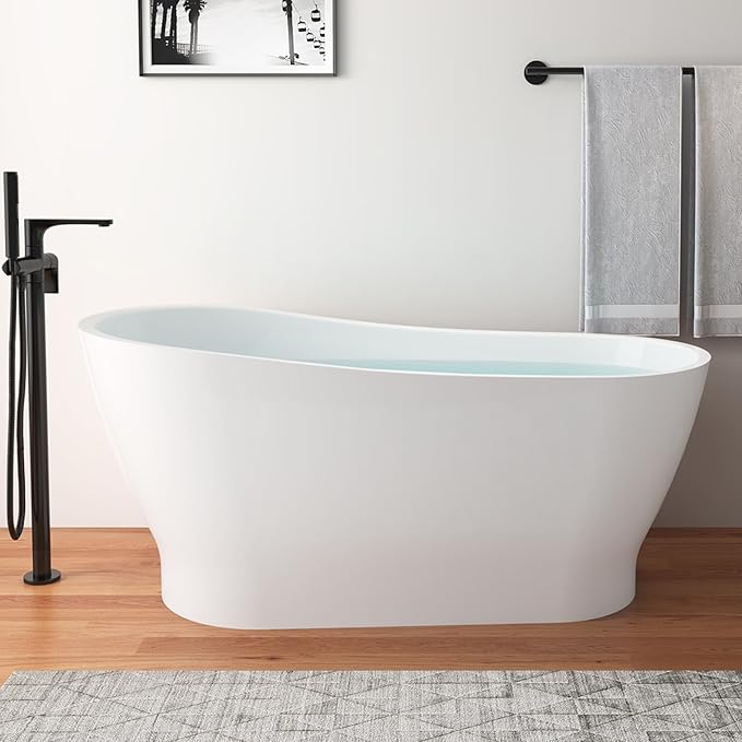 63" Acrylic Freestanding Bathtub, Elegant Skirted Free Standing Tub, Soaking Tub with Integrated Slotted Overflow, Toe-Tap Chrome Drain, cUPC Certified, Glossy White