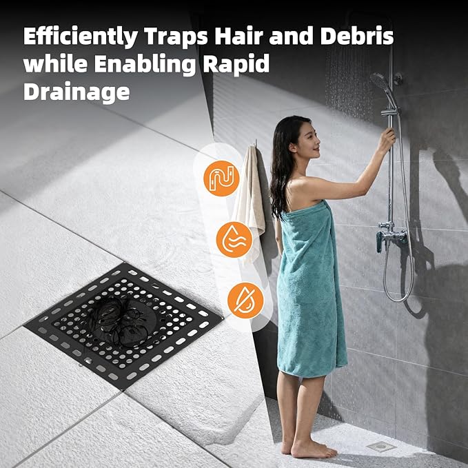 Hibbent Upgraded Shower Drain Hair Catcher, Shower Drain Cover for Bathroom Floor 4" Drain, Anti-Clogging Bathtub Drain Strainer, Stainless Steel Kitchen Sink Drain Strainer with Handle, Matte Black