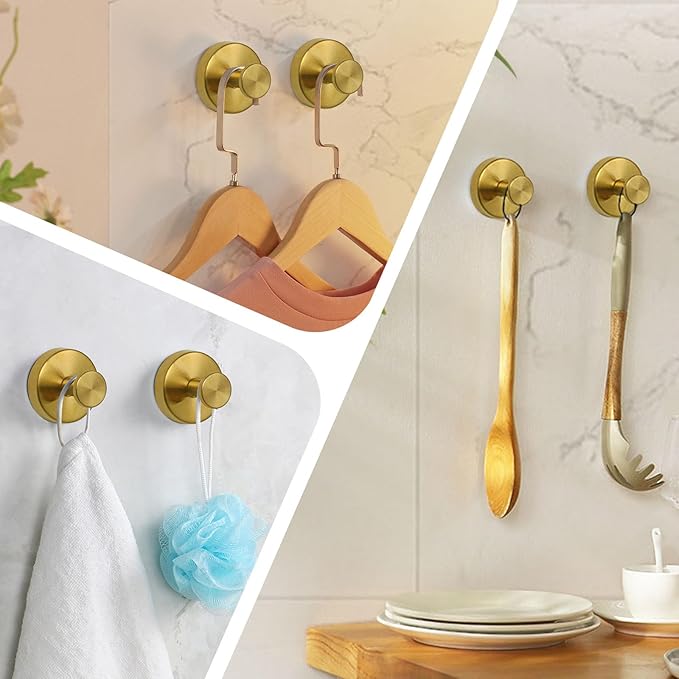 Suction Cup Hooks for Shower, Heavy Duty Wreaths Hangers for Glass Door Window, Towel Hook No Drill Holder on Smooth Wall, Mirror, Tile for Home (2Pcs Gold)