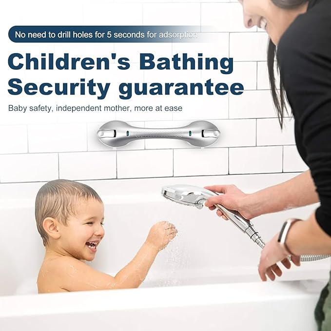 Shower Grab Bar 2 PCS Suction Grab Bars for Bathtubs and Showers, Shower Handle Removable Shower Handrails for Kids, Bathroom Safety Grip Waterproof(Silver)