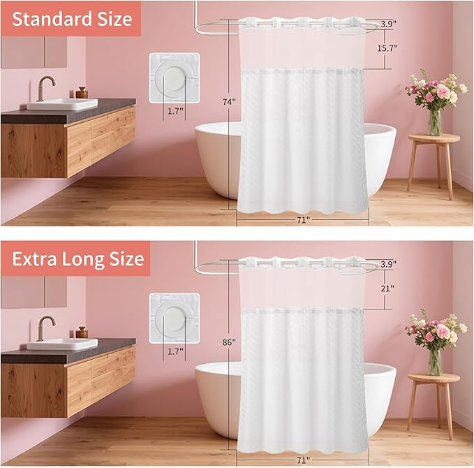 Hookless Shower Curtain with Snap in Liner 71" x 86" Double-Layer Waterproof Polyester Shower Curtain for Bathroom or Hotel Use,Removable Liner,Magnetic Hem,Large Rings,Machine Washable,White