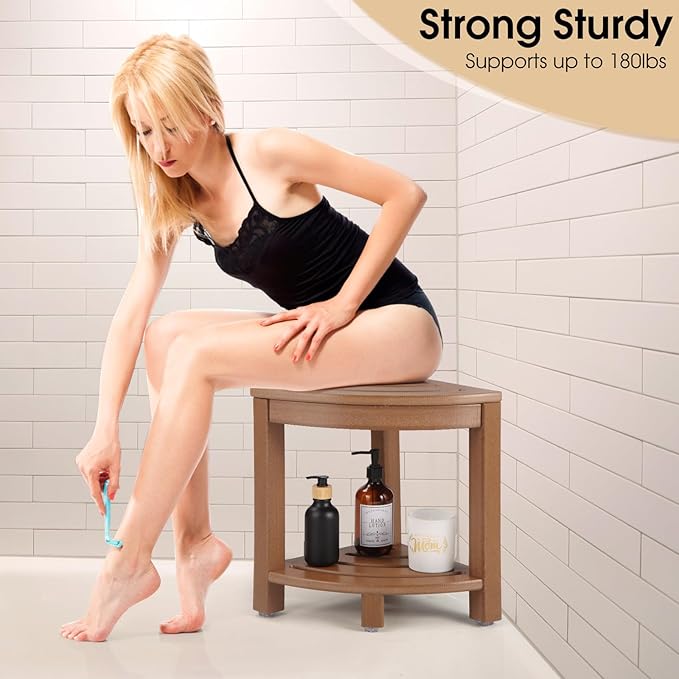HDPE Corner Shower Stool,Shower Bench Seat with Storage Shelf for Shaving Legs Plastic Spa Bath Step Foot Rest for Bathroom Small Place (Teak)
