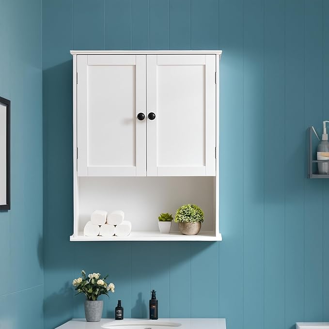 Bathroom Wall Cabinet, White 30" x 24" Wood Wall Mounted Medicine Cabinet, Hanging Cabinet Over Toilet Storage Adjustable Shelves Cupboard with Large Space for Laundry Room, Bedroom Kitchen