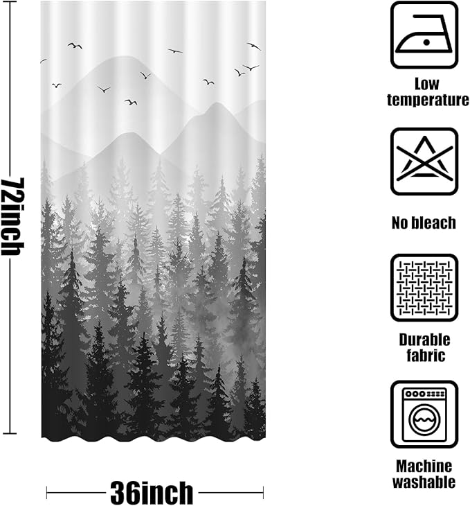 Aipon Black Misty Forest Shower Curtain Gray Ombre Nature Tree Plants Shower Curtains Fabric Waterproof Mountain Shower Curtain Sets for Bathroom Bath Decor (Black, 36'' × 72'')