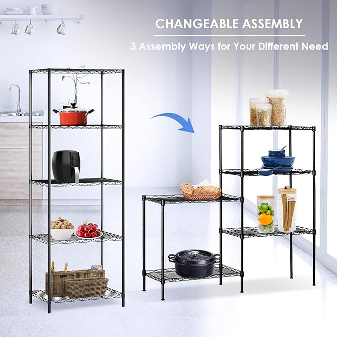 BNSPLY 5 Tier Wire Shelving Unit, Adjustable Wire Rack Shelving, Changeable Metal Wire Storage Shelves for Kitchen, Laundry, Bathroom, Balcony, Pantry (11.4" D x 21.3" W x 59" H, Black)
