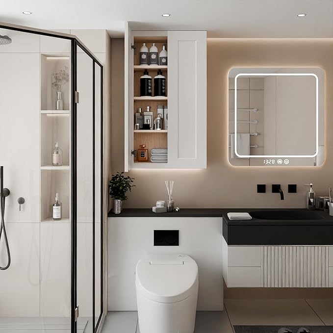 Solid Wood Kitchen Wall Cabinets, 24 Inch Wide Over The Toilet Storage Cabinet, Bathroom Organizer Cabinets with 2 Shaker Door & 3 Shelves, Easy Assembly for Dining Room, Laundry - White